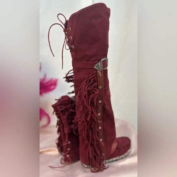Bohemian Fringe Knee-High Moccasin Boots - Wine (6)‼️NWOB‼️ - Picture 5 of 15